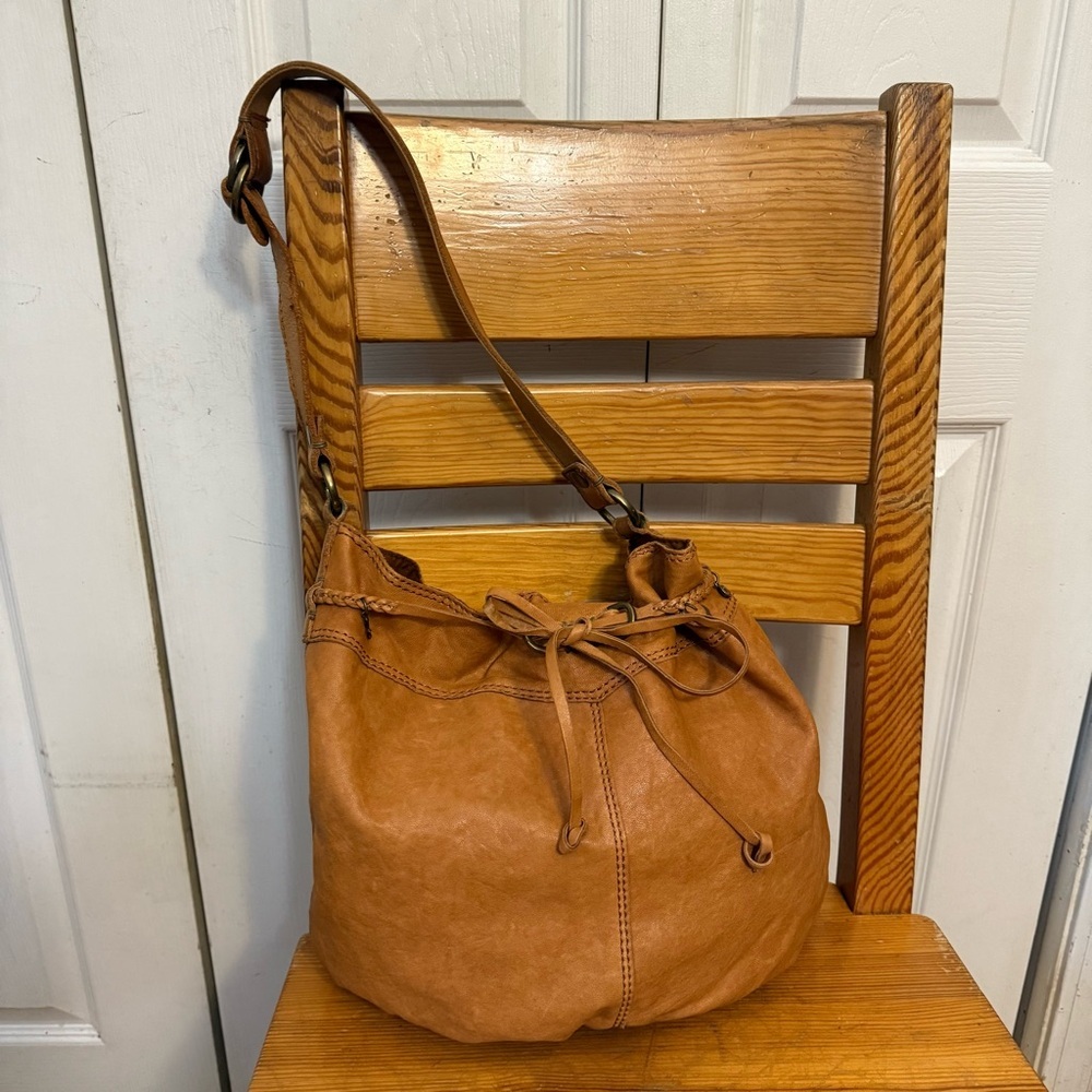 Lucky Brand Boho Tan Italian Leather Bucket Shoulder Tote Bag